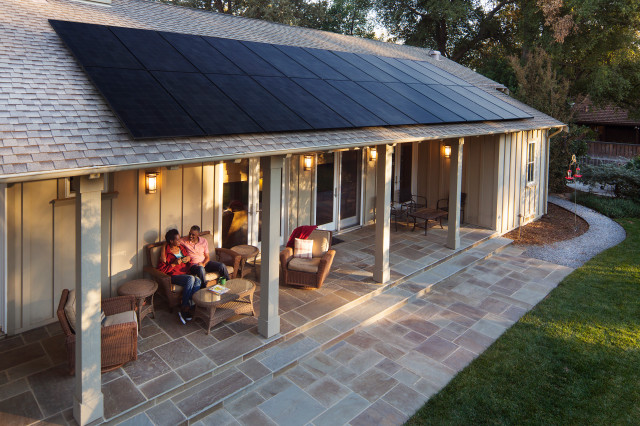 Ranch home at dusk with rooftop solar